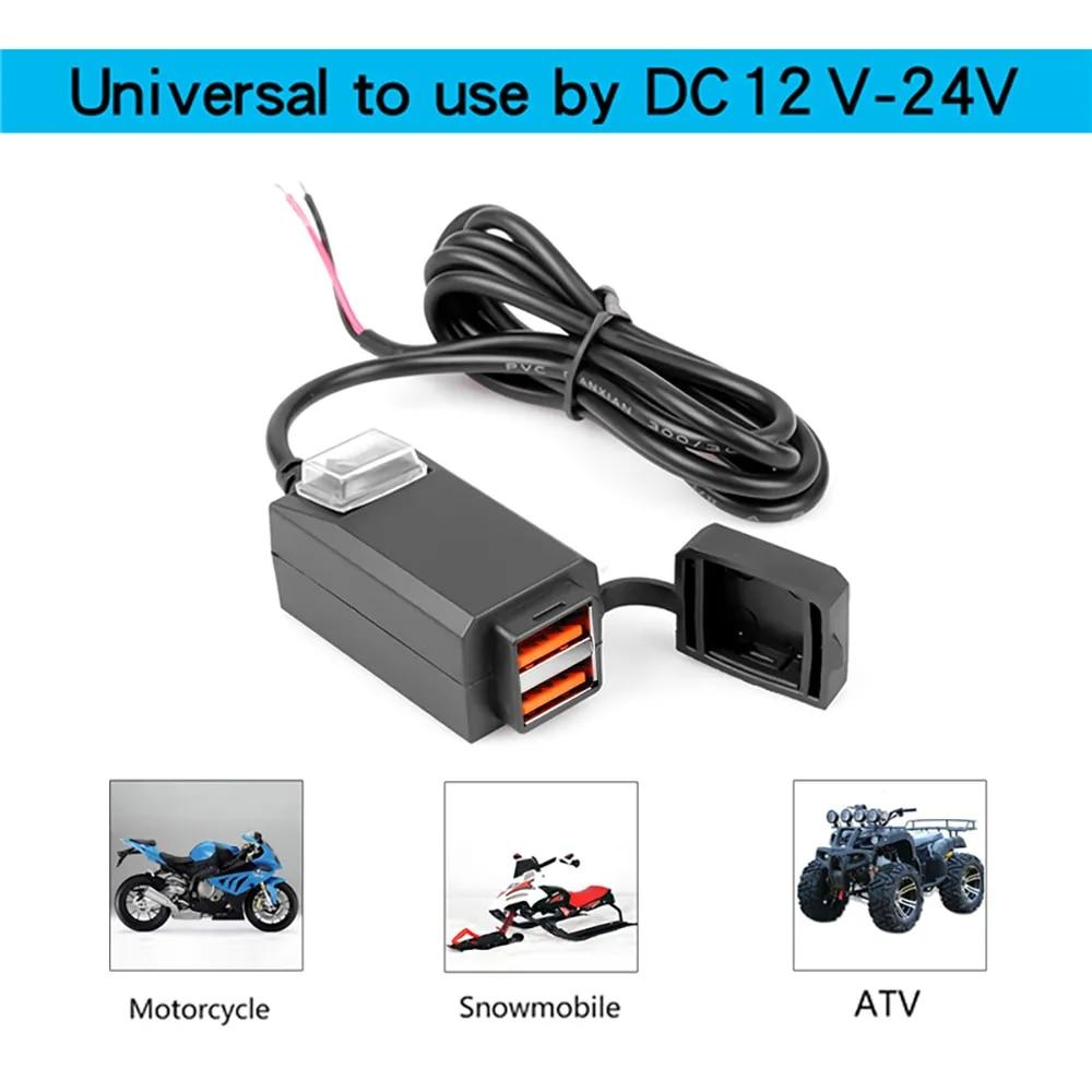 12V-24V Motorcycle USB Charger QC3.0/3.1A Dual Usb Port Waterproof Motorcycle Handlebar Charger Adapter with Switch Motorbike Accessories