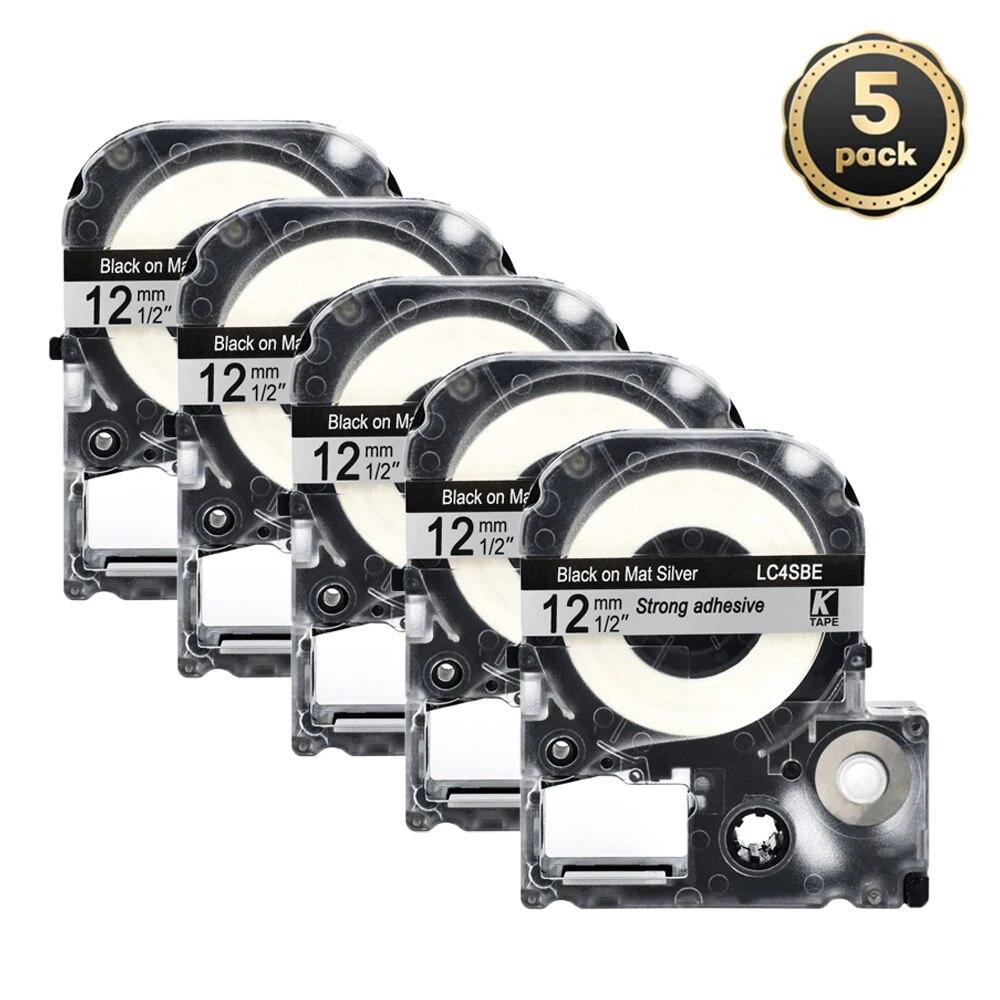 5 pachete 12 mm negru pe alb etichetă compatibilă Epson LC-4WBN / SS12KW SC12RW SC12YW ST12KW pentru imprimanta Epson LW300 LW400 500 600