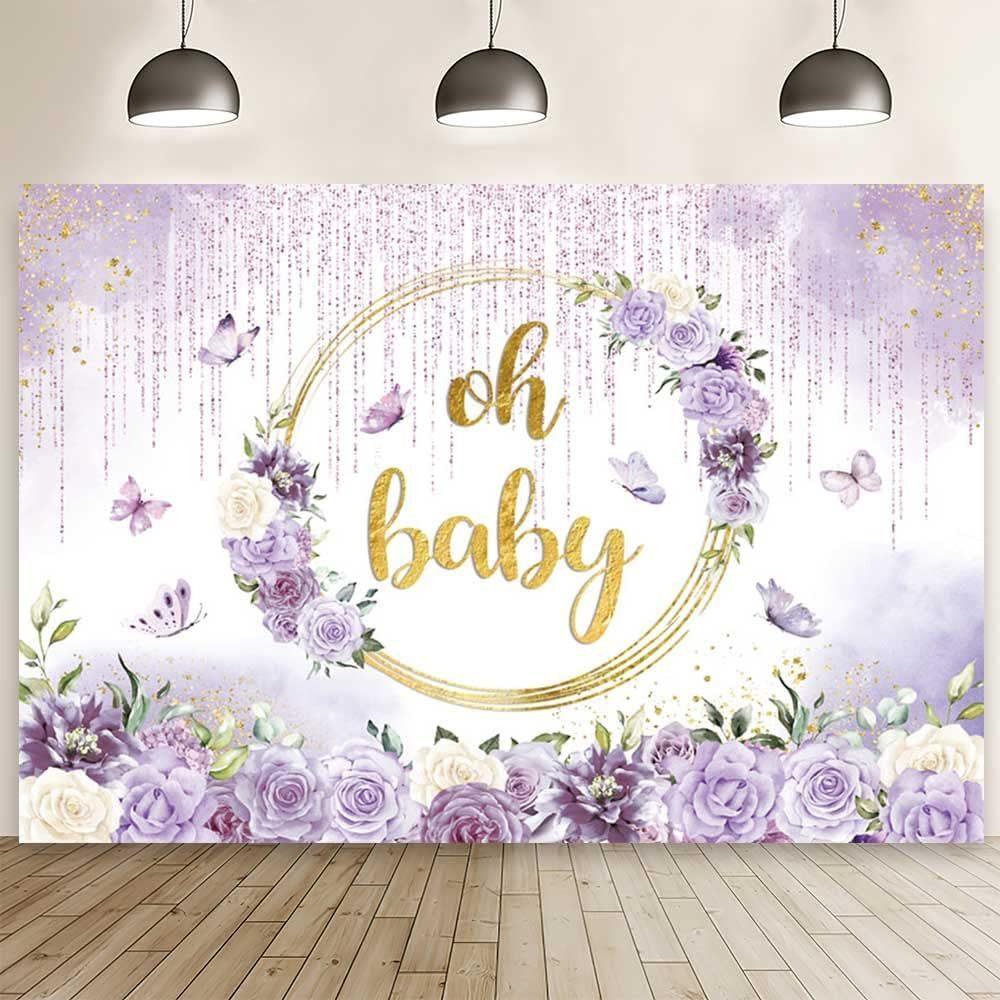 Oh Baby Shower Purple Birthday Backdrop Party Decor Photo Background Banner