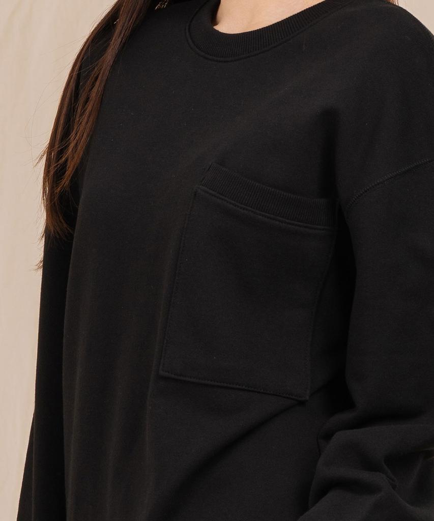 Ellamo Terry Basic Plain Pocket Oversized Sweatshirt [Black]