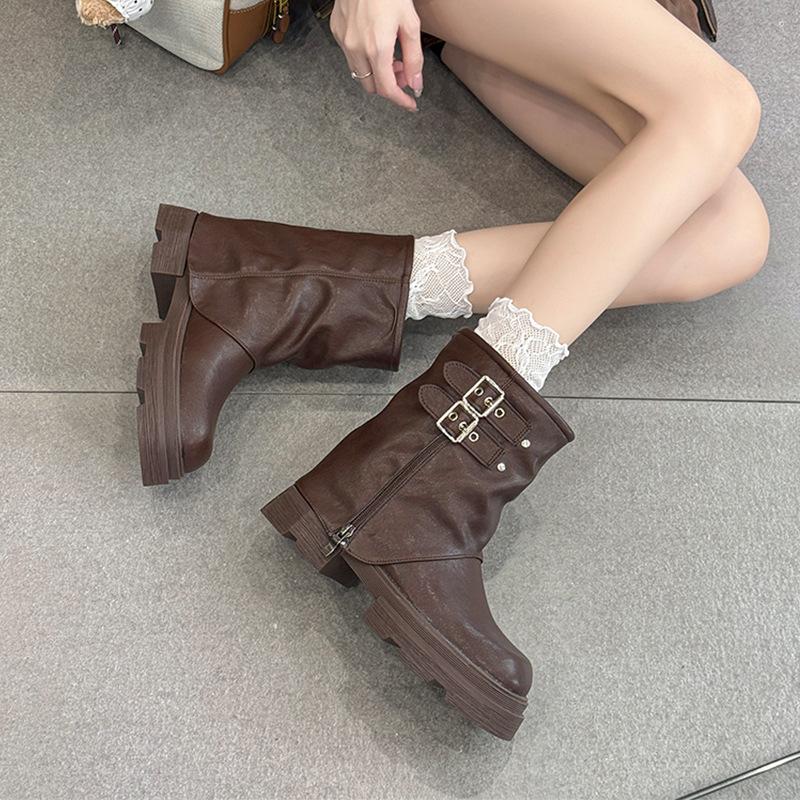 Retro Thick-soled Martin Boots for Women's 2025 Spring and Autumn New Versatile Maillard Pleated Trouser Boots Outdoor Heightening Short Boots
