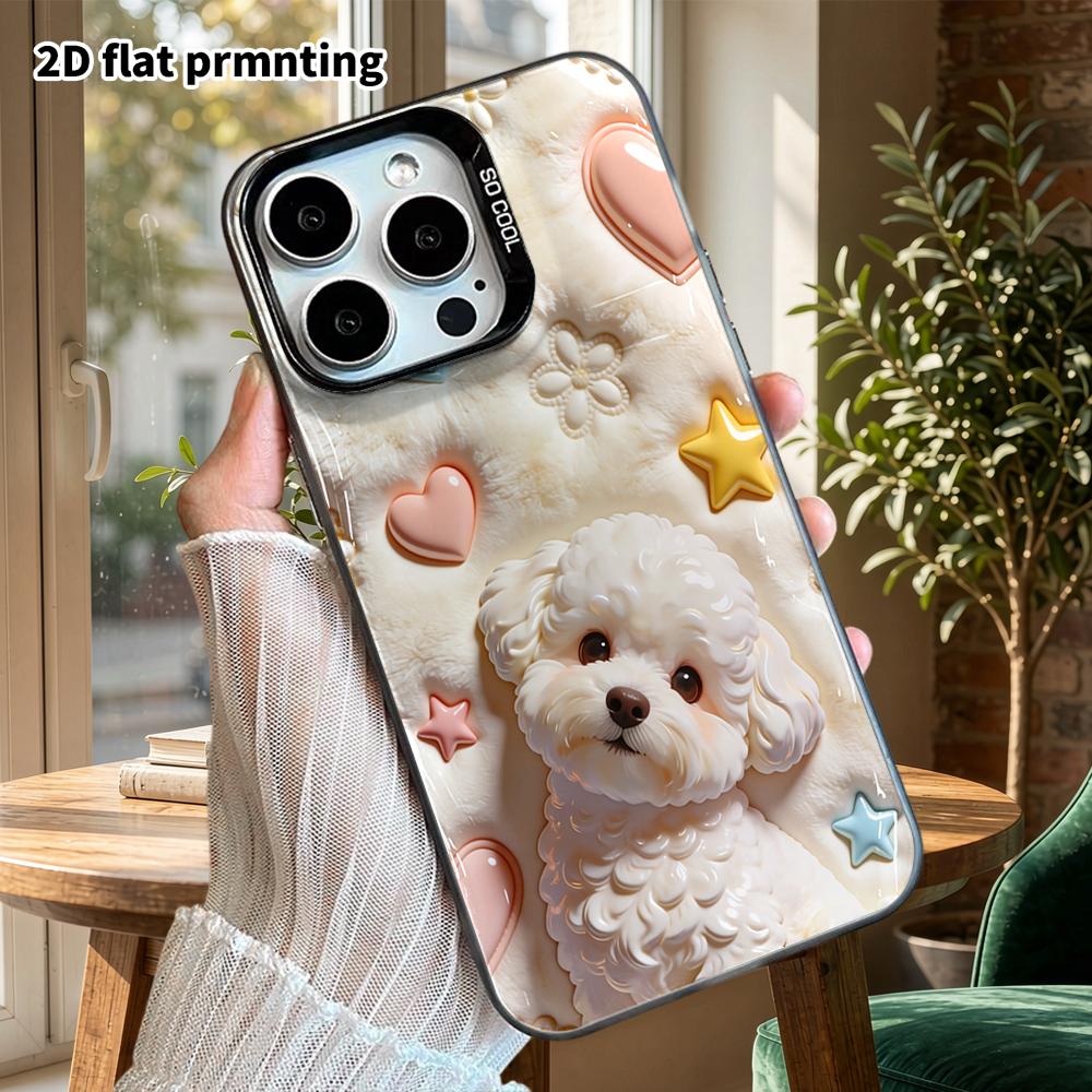 Phone Case: 2D Flat Design, Suitable for iPhone 18, 17, 16, 15, 14, 13Pro Colorful Silver Protective Case, Couple Style, White Teddy Dog, Christmas an