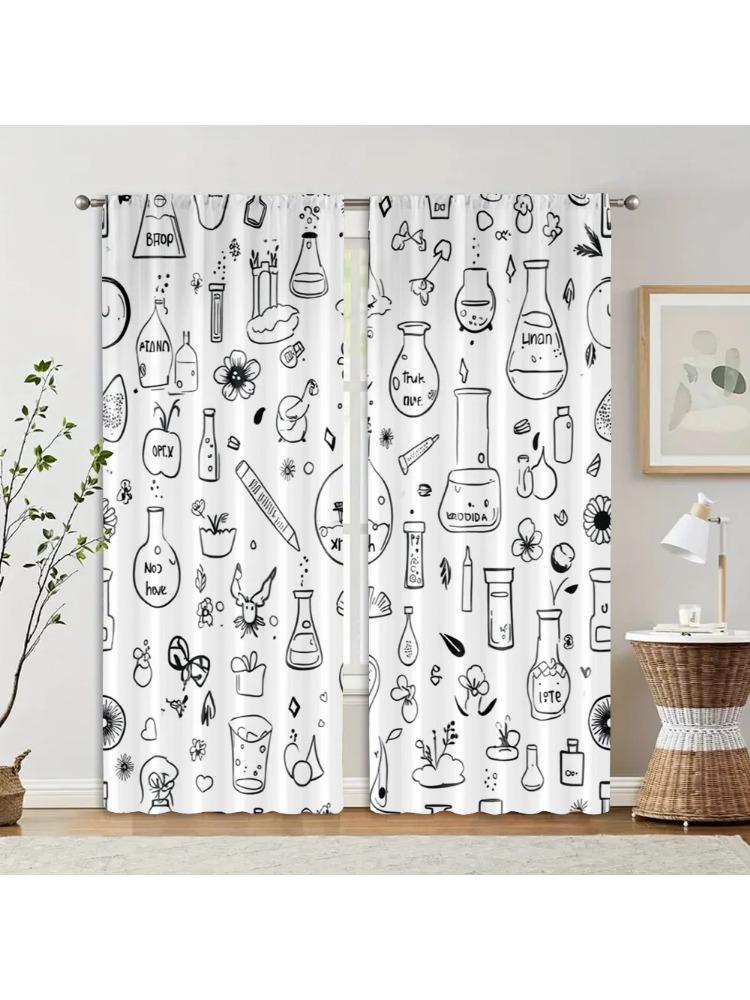 

2Pcs, Contemporary Curtains Black And White Floral Pattern Machine Washable (Without Rod) Thermal Insulation, And Room Darkening 53x116CM-2PC