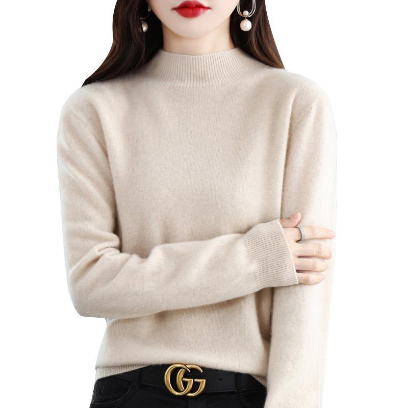 Women's 100% Wool Seamless Pullover Sweater: Autumn/Winter Half-High Neck Base Layer