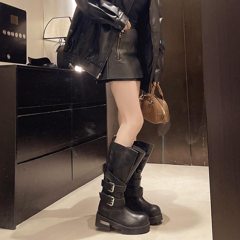 Fashion Brand New Buckle Strap Wasteland Vintage Black Knee High Motorcycle Boots Maillard stylecTrouser Leg Boots Women Shoes Size 42
