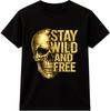 T-shirt Teschio Resta Selvaggio e Libero Tatuaggio Biker Gotico Vintage Oro Tee
