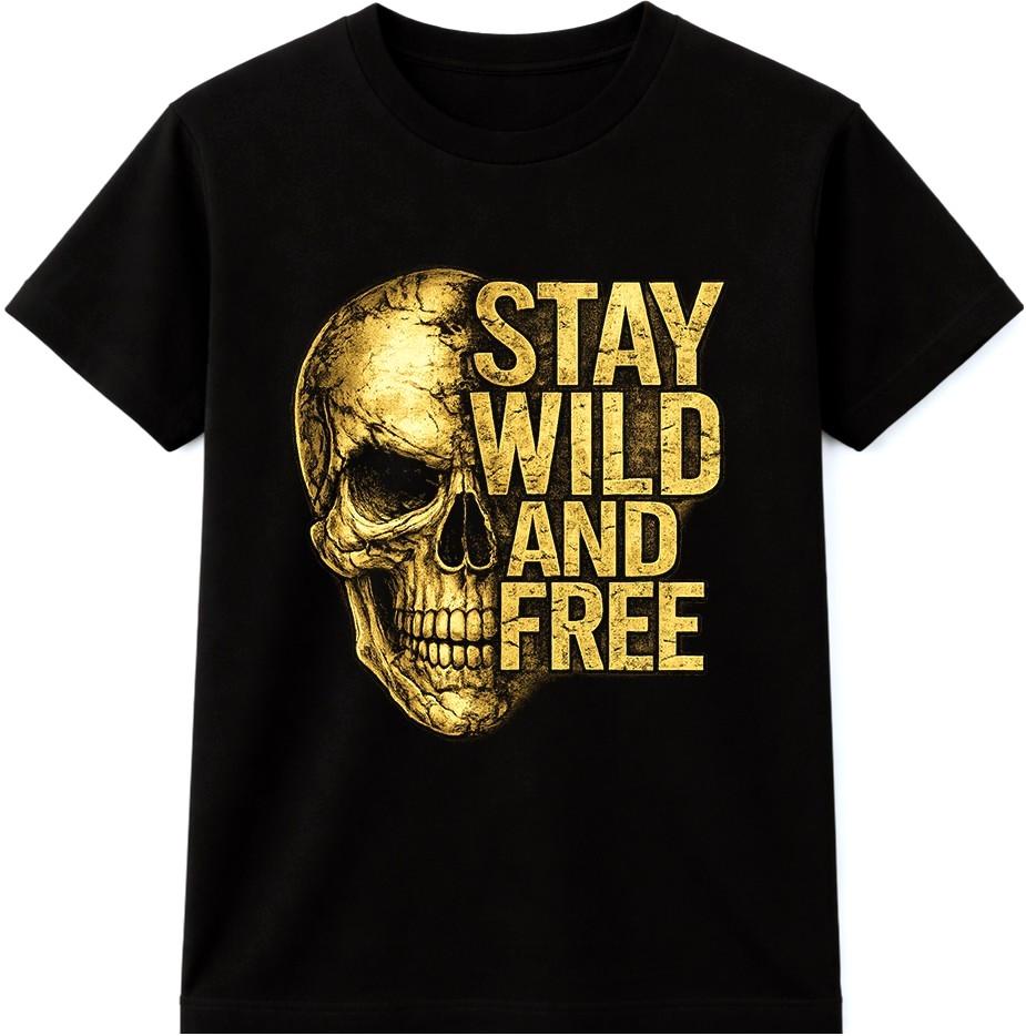 Skull T Shirt Stay Wild And Free Tattoo Biker Gothic Vintage Gold Tee S разноцветный