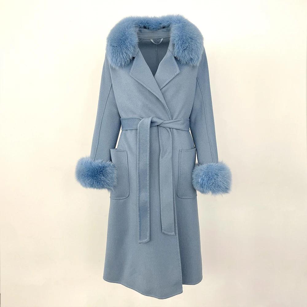 Woman Trend 2024 Autumn Winter 100% Double-sided Wool Coat Ladies Real Fox Fur Collar Detachable Long Coat