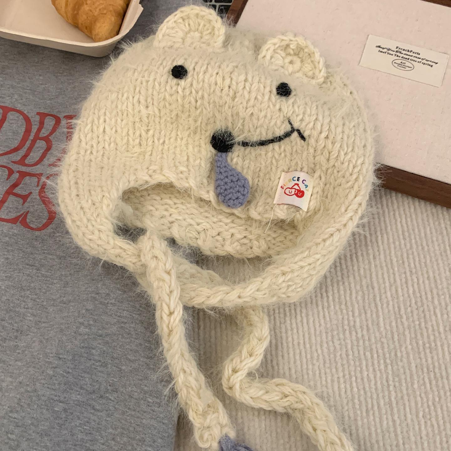 

Cute cartoon koala ears wrap head hat female ear protector warm wool hat showing face small knitted hat cold hat M（56-58cm） бежевий