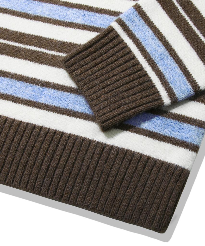 TRILLION Washable Hairy Stripe Crewneck Knit_Brown