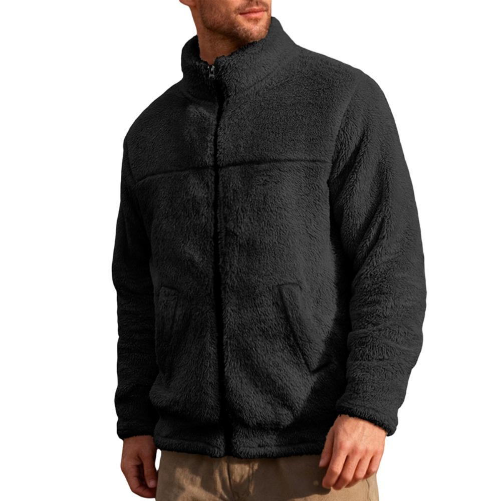 Herren Polarfleecejacke für Winter Einfarbig Stehkragen Langarm Reißverschlussfliege Mantel Lockere Passform Herren Oberbekleidung mit Taschen