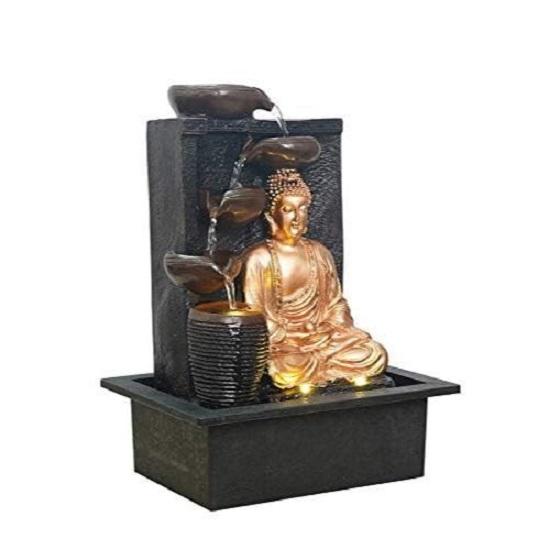 Polyresin Golden Brown Meditating Buddha Tabletop Indoor 4 Diya Steps Water Fountain for Home Decor with LED Light & Speed Controller Pump