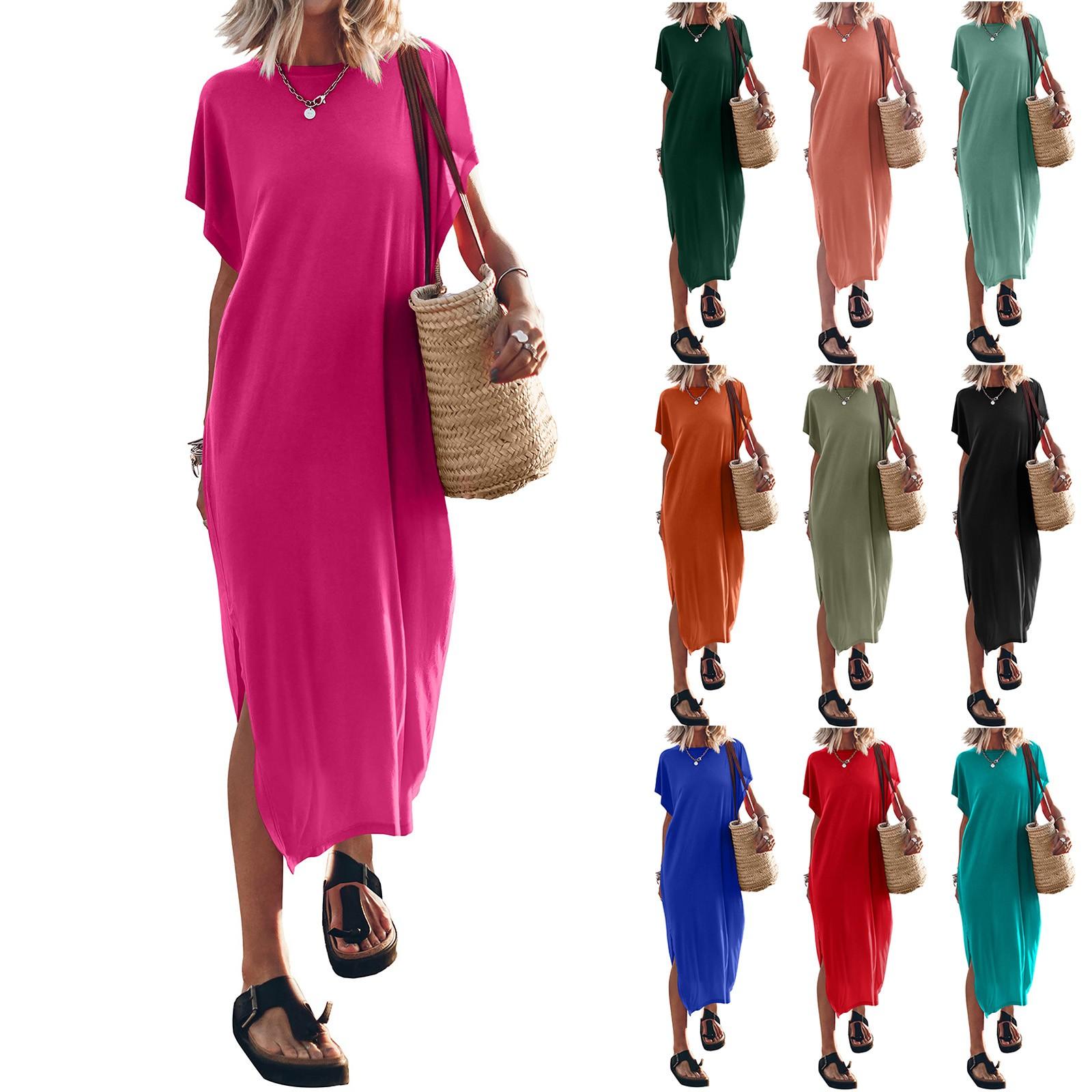 

Женское летнее платье-футболка с рукавами реглан и круглым вырезом, повседневные свободные длинные пляжные платья с разрезом по бокам