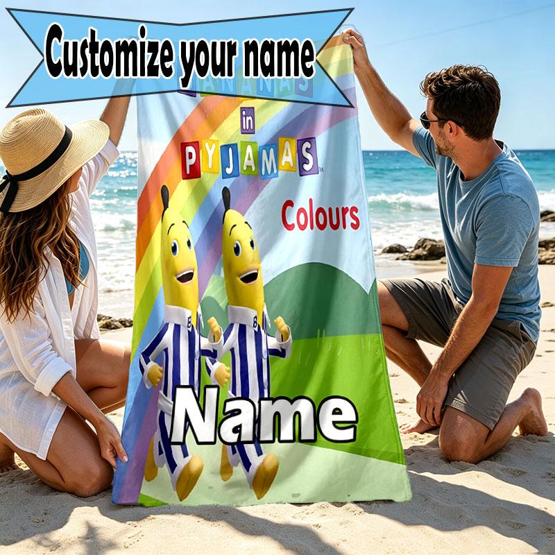 Custom Name Personalized Bananas in Pyjamas Print Beach Towel, for Trip Camping Beach Party Home Decor, Birthday Gift for Family & Friends
