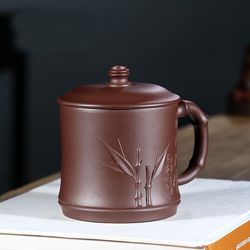 Yixing Handmade Purple Clay Tea Cup with Lid, Large Capacity, Bamboo Design