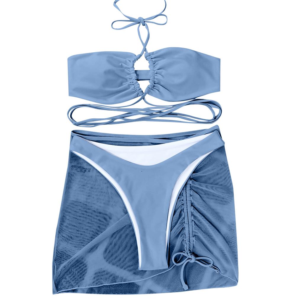 Women's Summer Fashion Sexy Color Backless Lace-up Waist Pleated Knotted Bikini Three-pieces Swimsuit