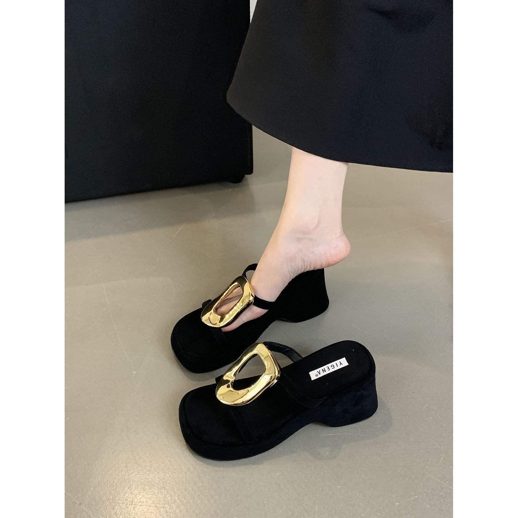 

Women s Black Platform Slippers with Metal Buckle - Versatile Spring 2025 Collection, Soft Sole Sandals 40