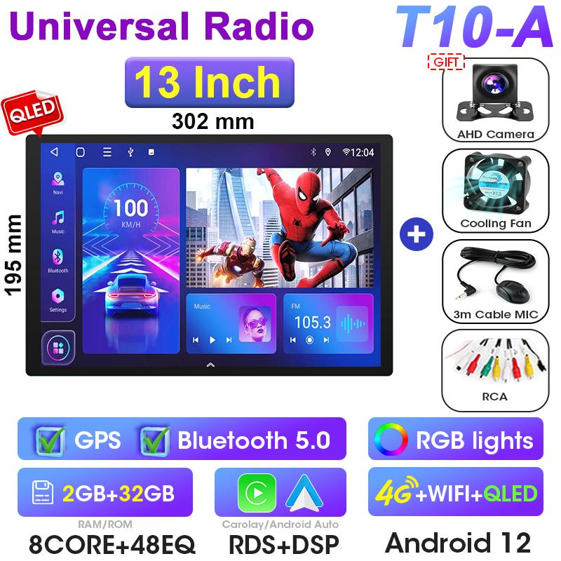 Universal 13" QLED 2 Din Android 12 Car Radio For Nissan Kia Honda Toyota Stereo Multimedia Video Player 1920*1200P Carplay Auto