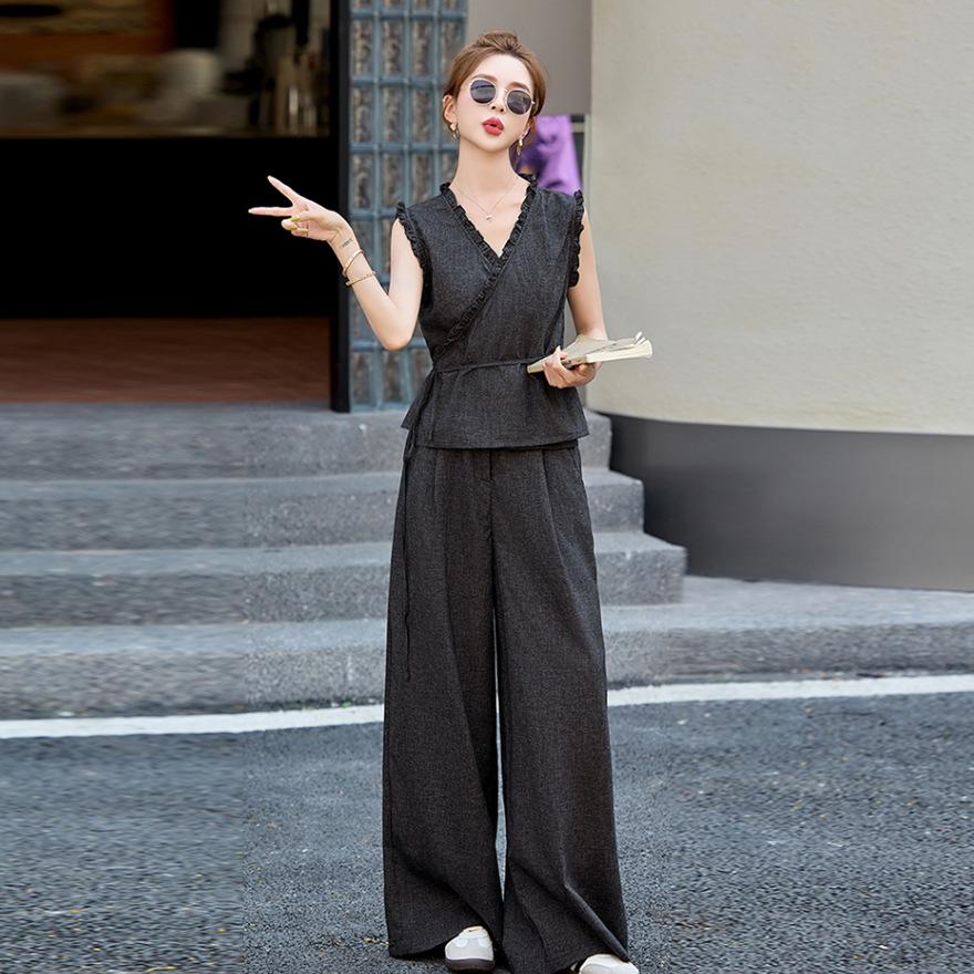 Suit women's summer new design sense fashion temperament thin a whole set of wide-leg pants two-piece set