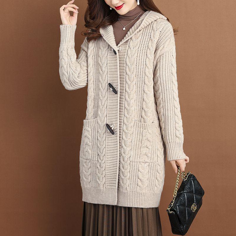 

Весна Осень Толстый свитер Новый стиль Вязаная верхняя одежда Женские кардиганы Средней длины с капюшоном Кардиган свитер пальто 3XL бежевый