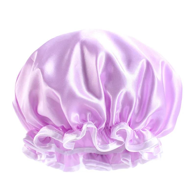 Large Lace Satin Anti-fume Cap PE Lined Waterproof Shower Cap Beauty Home Cap