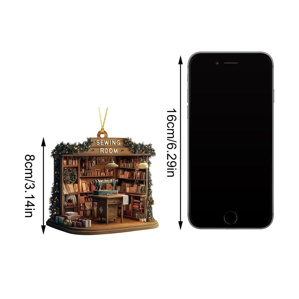 Vánoční akrylová ozdoba Grafický design Šicí pokoj Ozdoba na vánoční stromeček Vintage šicí stroj Ozdoba Dárky do punčochy