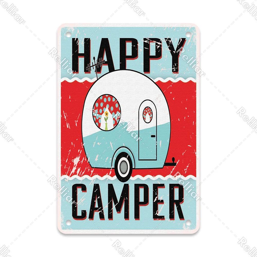 Retro Happy Camper Dekoracyjny Talerz Przygoda na Zewnątrz Metalowy Znak Blaszany Symbol Dzikiej Przyrody Ornament Plakat Dekoracja Domowego Baru Klubu Tablica