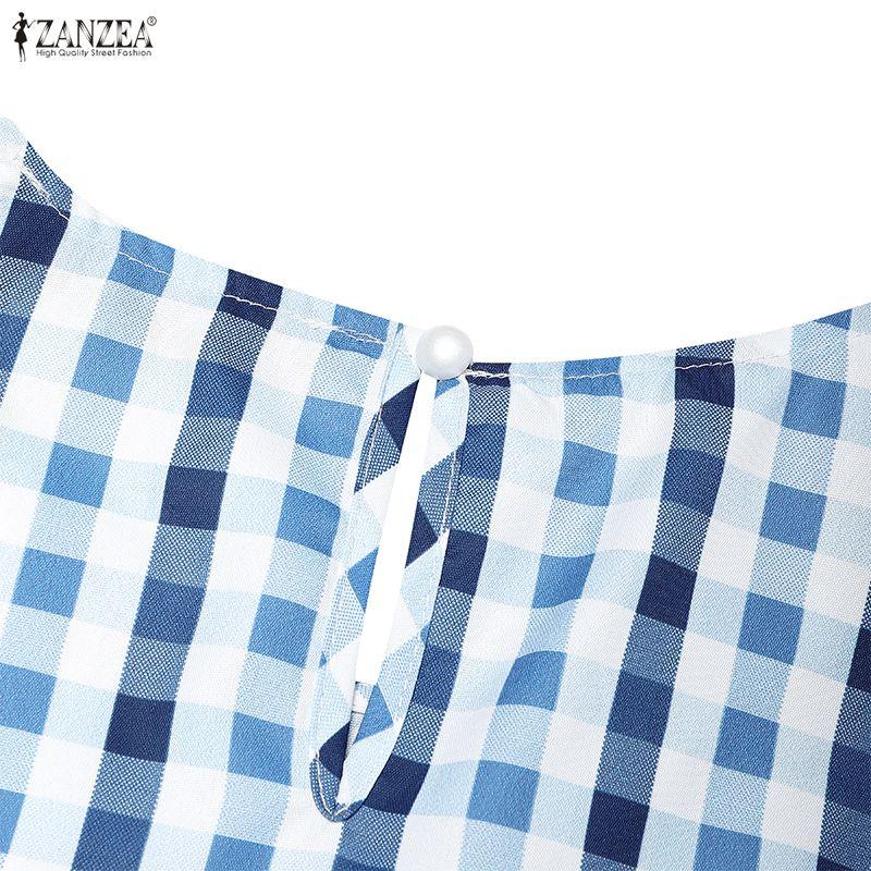 ZANZEA Women Casual Round Neck Long Sleeve Patchwork Plaid Print Dress