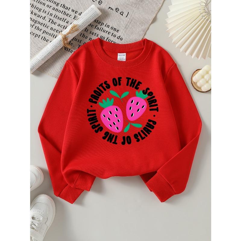 Girls' Crew Neck Sweatshirt Fruits of The Spirit Strawberry Christian Faith Print, Soft Cozy Pullover, Warm Casual Outfit for Autumn And Winter