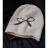Bow Black Stack Hat Women's Autumn and Winter Warm Knitted Pullover Cold Hat Retro Big Head Circumference Showing Face Small Bag Head Hat