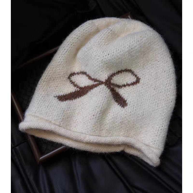 Bow Black Stack Hat Women's Autumn and Winter Warm Knitted Pullover Cold Hat Retro Big Head Circumference Showing Face Small Bag Head Hat
