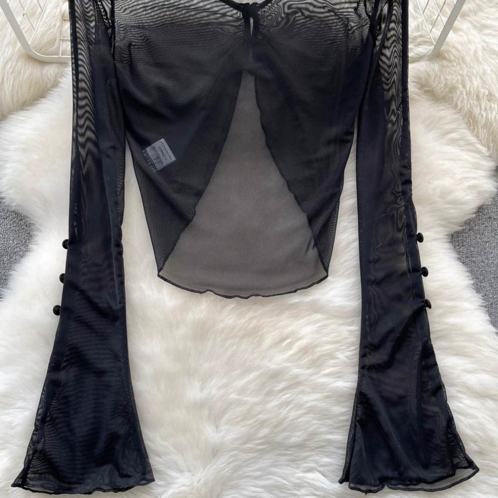 Summer Spicy Sheer Mesh Long Sleeve Cropped Top - Petite Women's Unique Design
