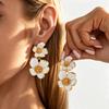 Vintage White Cold Enamel Flower Dangle Earrings for Women Gold Color Double Layer Floral Drop Earrings Party Wedding Jewelry