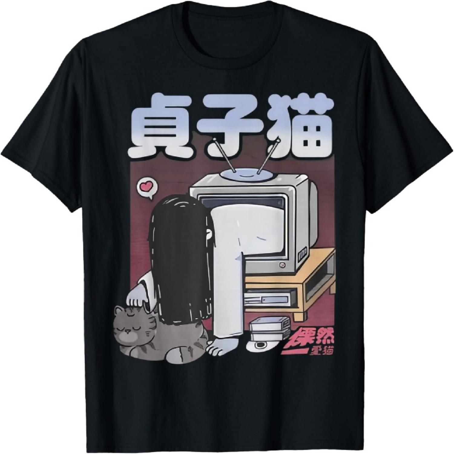 Садако с котом Унисекс Взрослые Дети Черная Мультяшный кот Современная Классическая Футболка XXXXXL чёрный