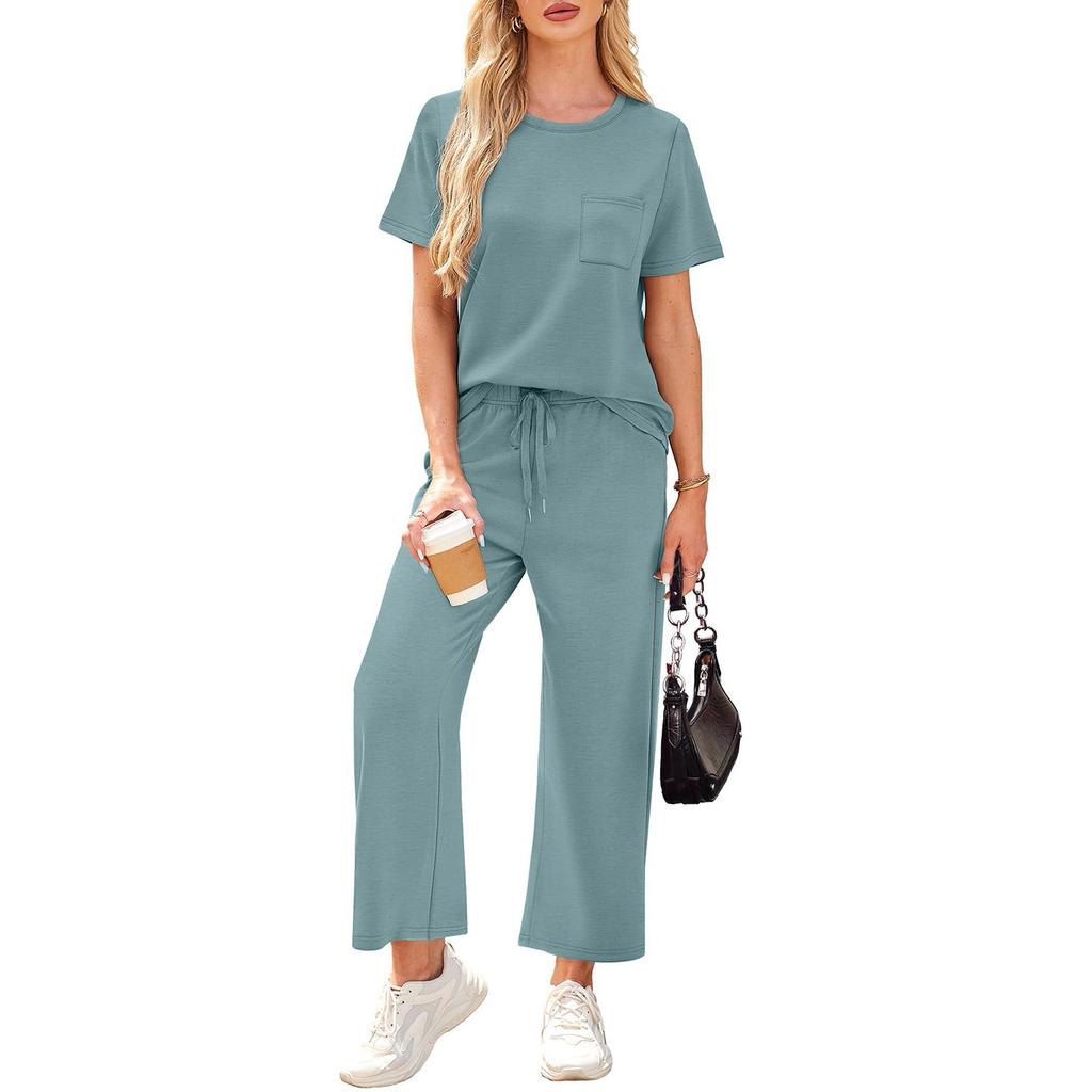 Women's Casual Fashion Short Sleeve Loose Wide Leg Pants Round Neck Suit