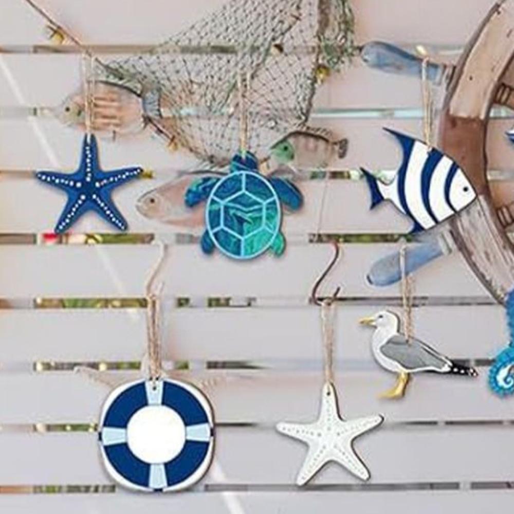 24pcs Wooden Sea Animals Hanging Ornament Ocean Themed Signs Decorations for Wall Tropical Bar