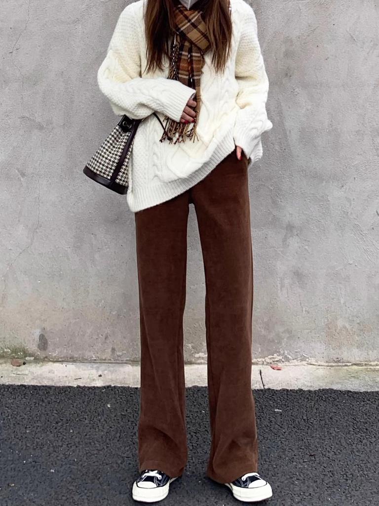 Damen Kaffeefarbene Chenille-Cordhose mit weitem Bein - Herbst/Winter Bodenlang, Lässig Gerades Bein - Weiß