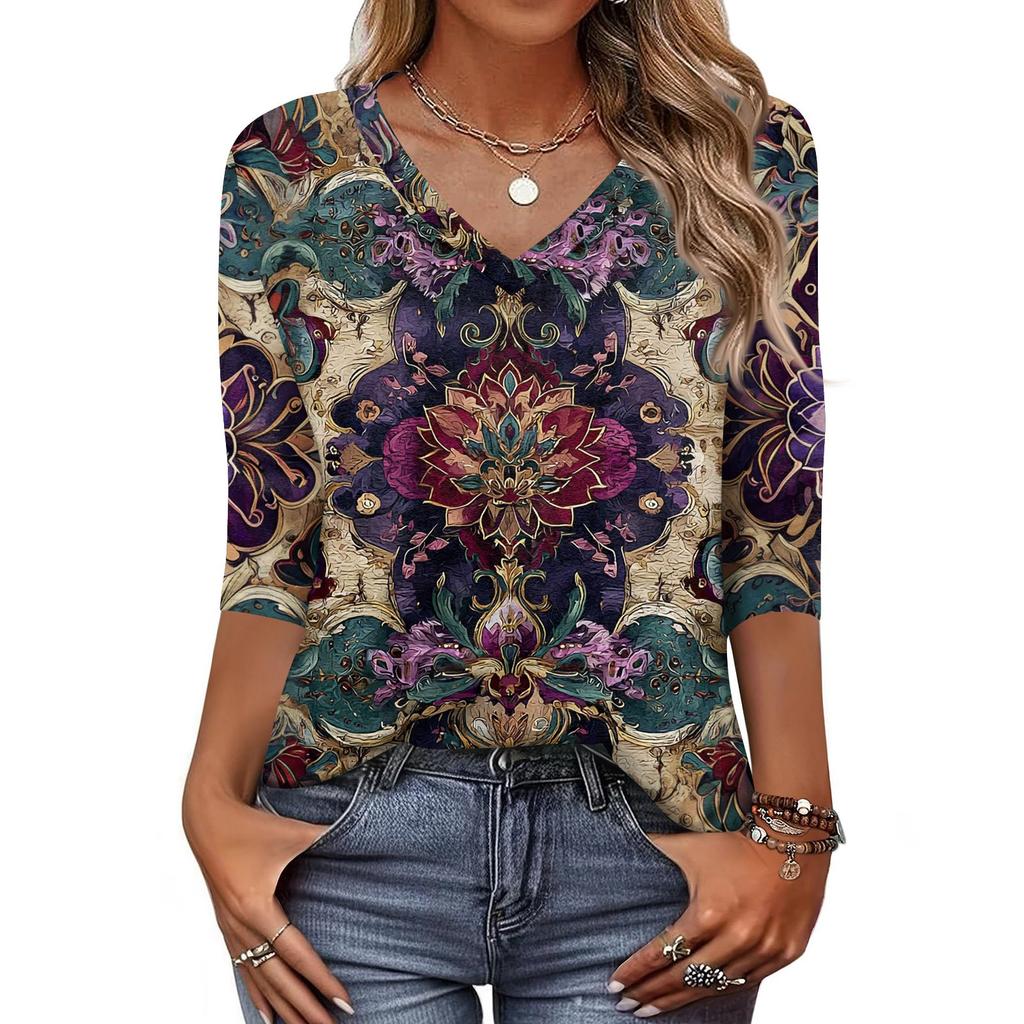 Dames T-skjorte Trykk 3/4 Erme Hverdag Weekend Mote Basic V-hals Vanlig Topp