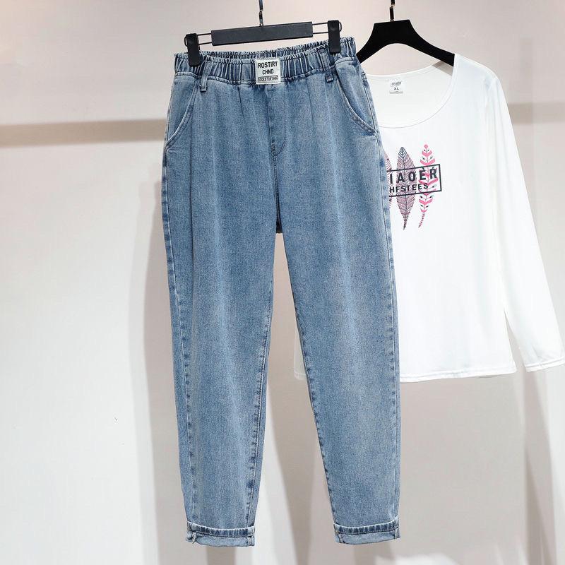 Damen Übergröße Locker Gerade Bein Jeans Elastischer Bund Baggy Dad Hosen für Große Oberschenkel