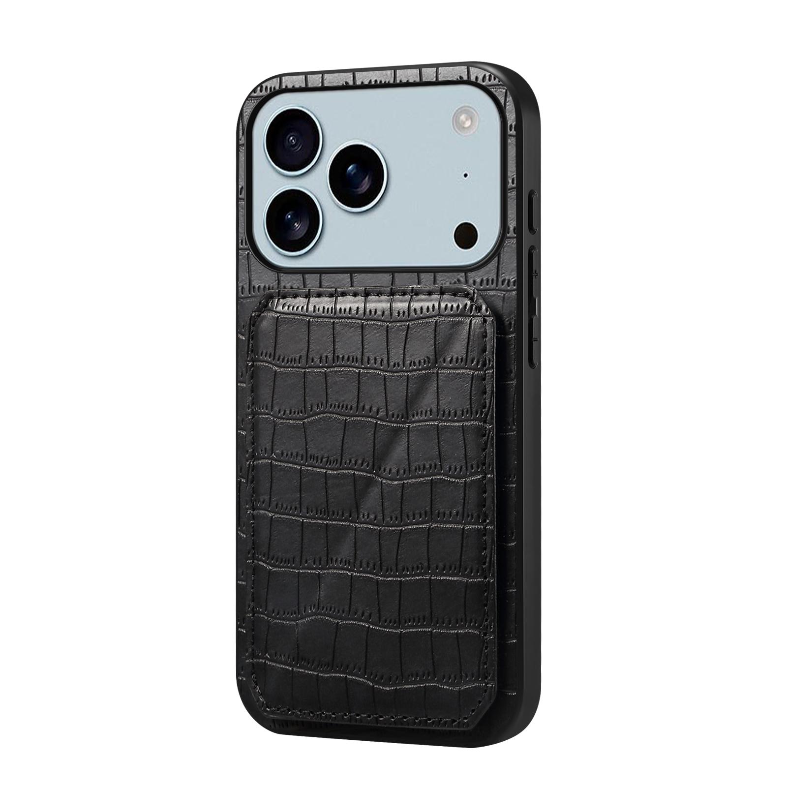

For iPhone 17 Pro Case with Card Holder Leather+PC+TPU Crocodile Textured Back Cover Black