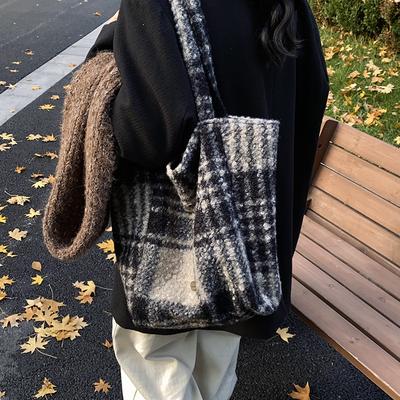 2025 Autumn and Winter New Plush Tote Bag Vertical Striped Cloth Bag British Plaid Shoulder Bag Large Capacity Double-sided Backpack
