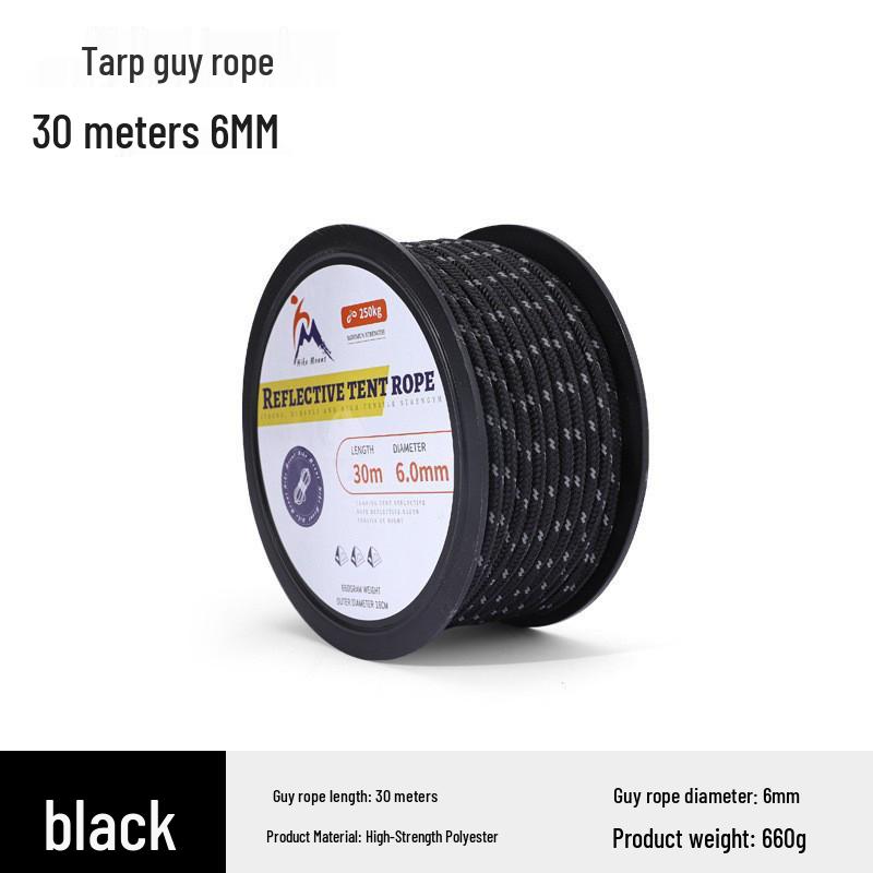 30m Reflective Windproof Tent Rope, 6mm Thick, Reinforced Outdoor Canopy Bundling & Fixing Rope. чёрный