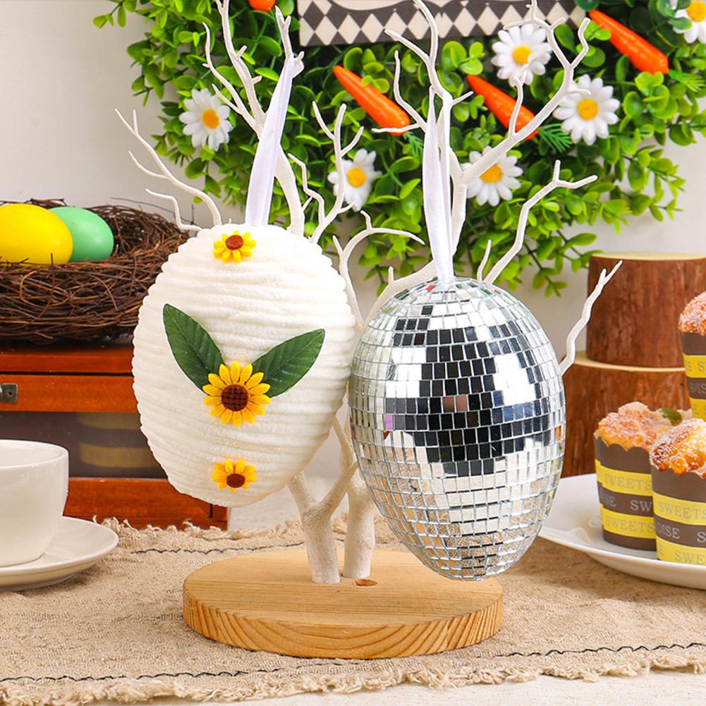 Silver Easter Egg Ornaments Hanging Ornament Set Diy Crochet Sunflower Easter Eggs Holiday Pendent Reflective Glass Disco Ball