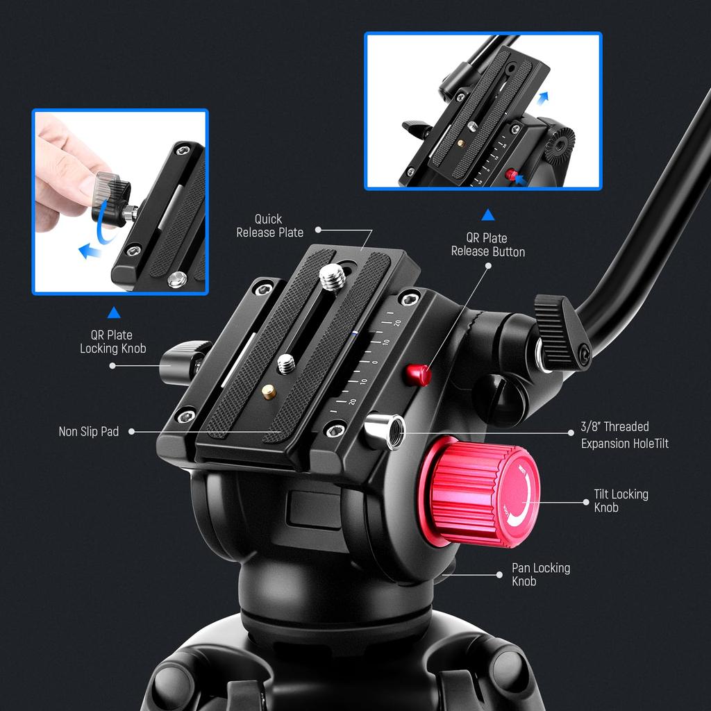 NEEWER Video Tripod 200cm Fluid Head with QR Plate Adjustable Large Camera Tripod Suitable for DSLR Camera Made of Aluminum Alloy Load Capacity 8kg