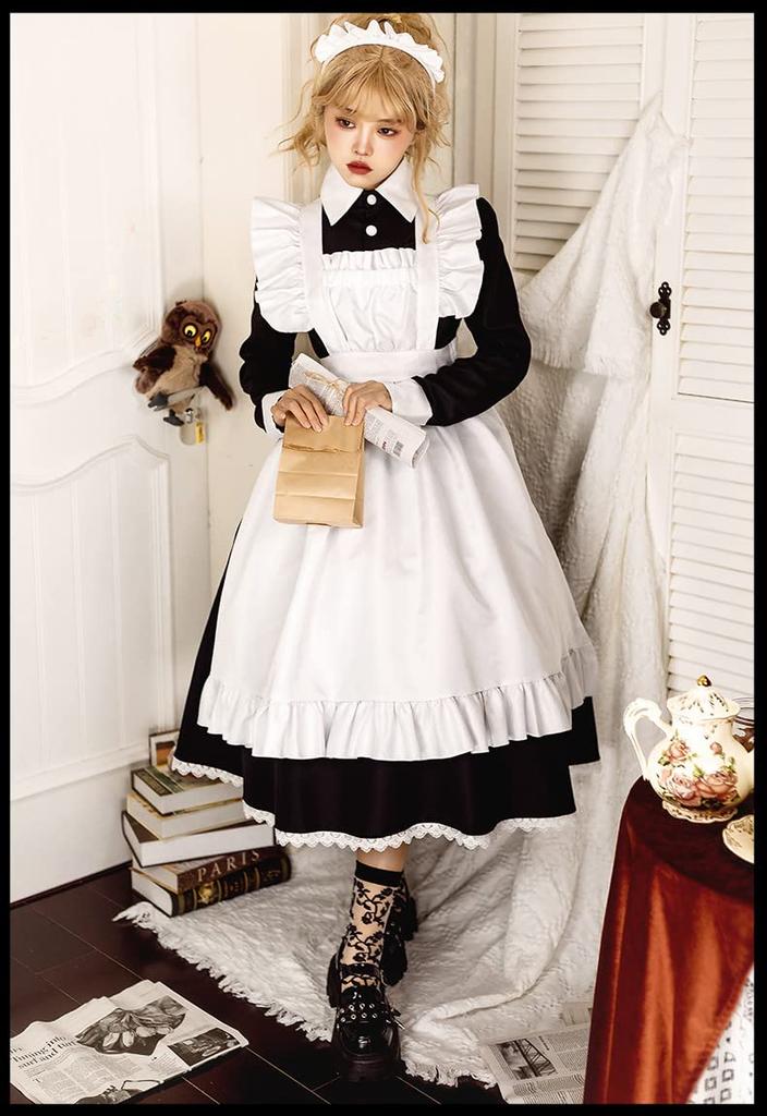 Maid Cosplay Long Sleeve Long Skirt Apron White Black Maid Clothes [Lady Lazy] (XL)