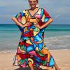 2022 Multicolored Kaftan Bohemian Printed V-neck Batwing Sleeve Street Wear Maxi Dress Women Beach Wear Swim Suit Cover Up Q1342