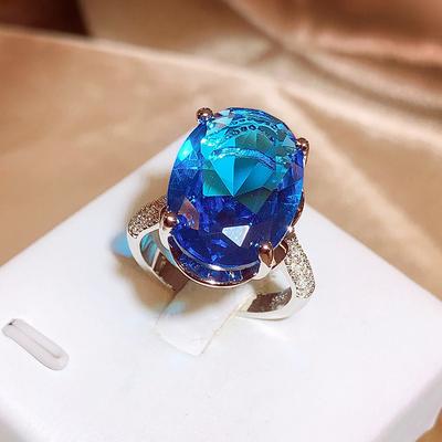 Luxury Big Shiny AAAA Blue Zircon Ladies Ring Instagram Fashion Style Party Jewelry Indelible Ring Anniversary Jewelry