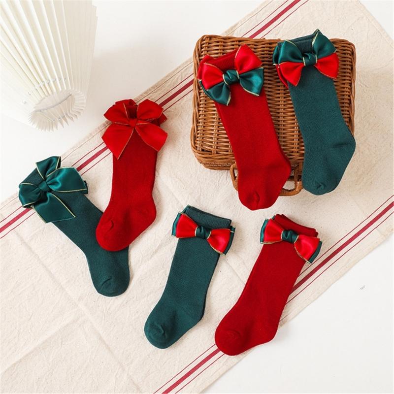 2 Paar Klassische Kniehohe Socken Weihnachten Thema Socken mit Schleifchen Dekoration für Baby Mädchen 2024 Neujahrsgeschenk