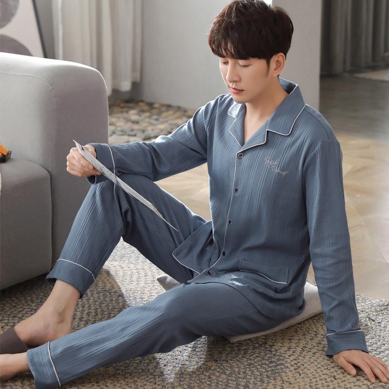 

Пижама мужская с длинным рукавом из чистого хлопка, весенне-осенняя, мужской хлопковый комплект большого размера для дома, осенний XL