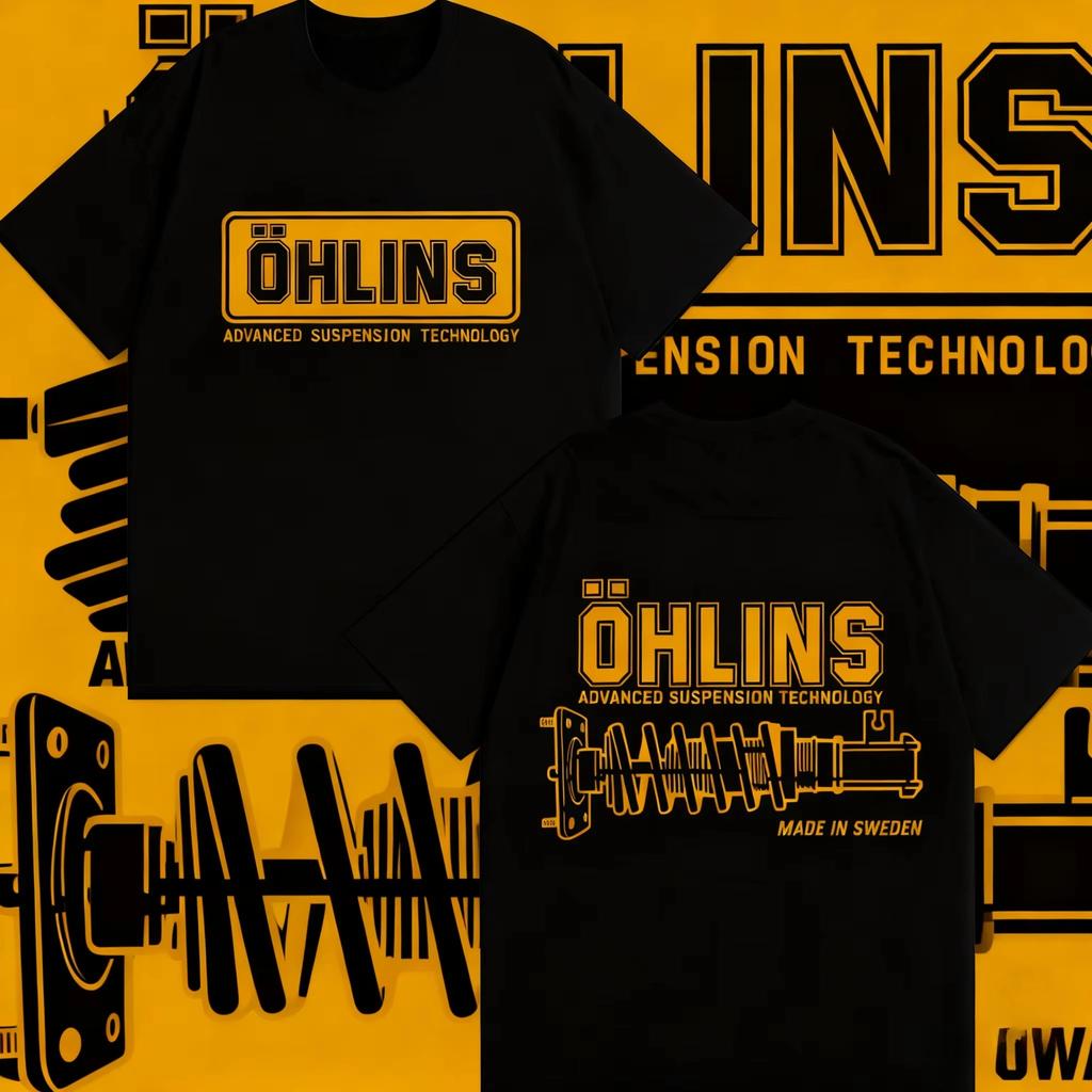 202526 Summer A Stylish and Fun OHLINS Motorcycle Shock Absorber Pattern Cotton Printed Tshirt Loose Casual Retro Casual